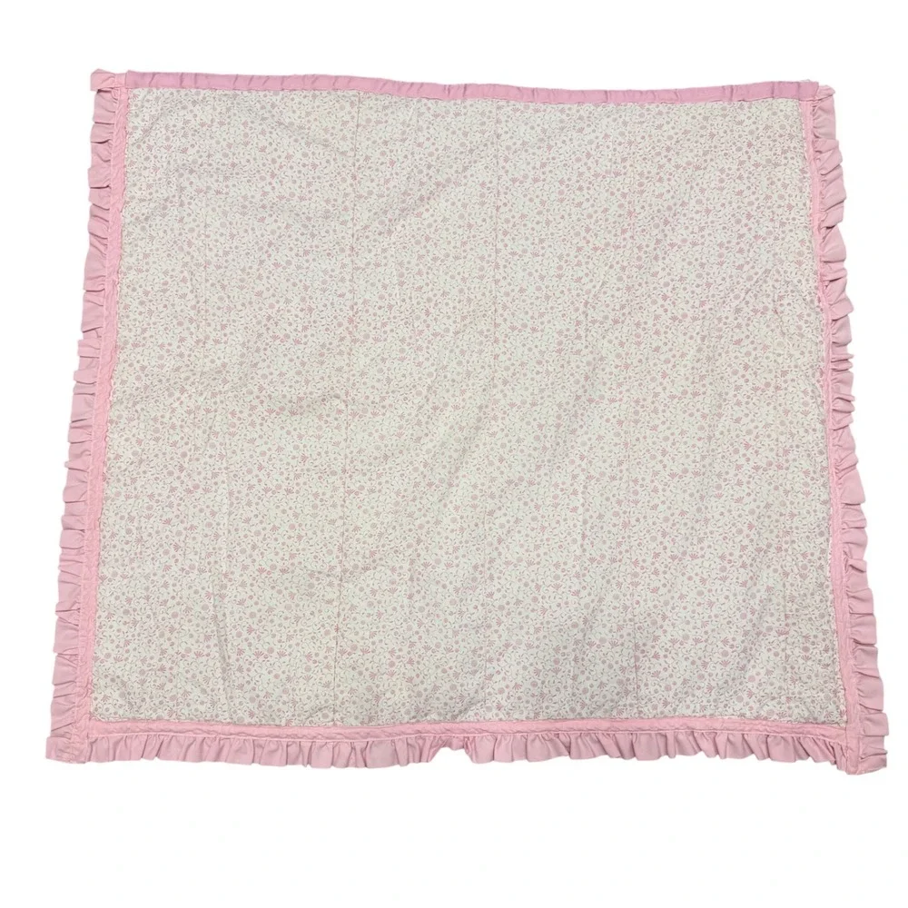 Vintage Pink Floral and White Eyelet Ruffle Trim Reversible Lap Blanket 32x32